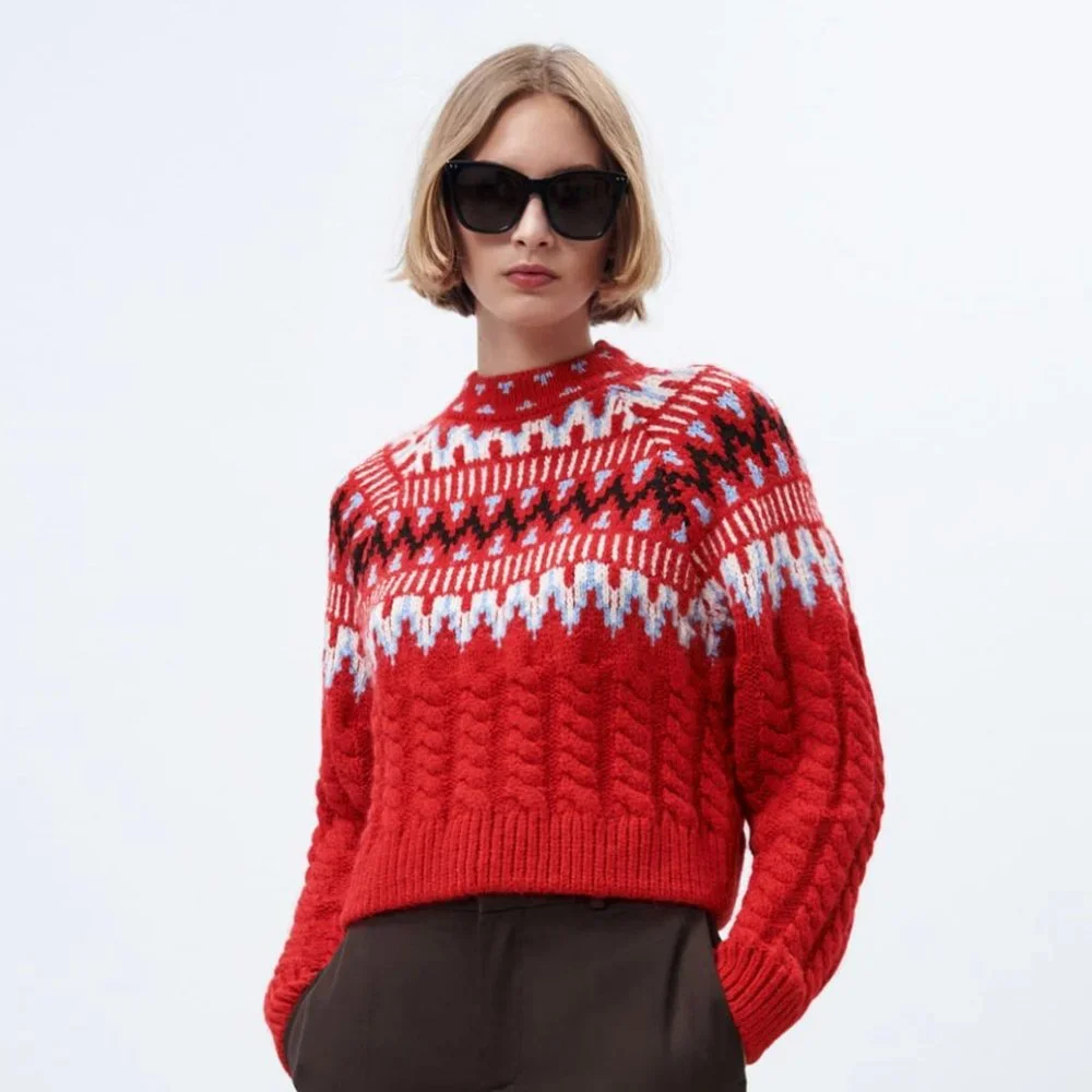 ZARA CABLE KNIT JACQUARD SWEATER Red Fair Isle LONG SLEEVE RED 5802/145 M NEW